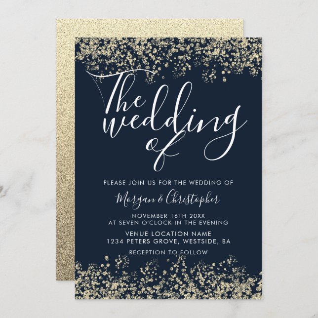 Navy & Gold Glitter Modern Wedding Invitation (Front/Back)