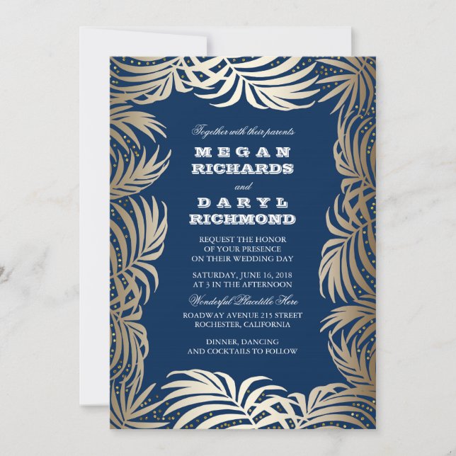 Navy - Gold Glitter Palm Leaf Beach Wedding Invitation (Front)