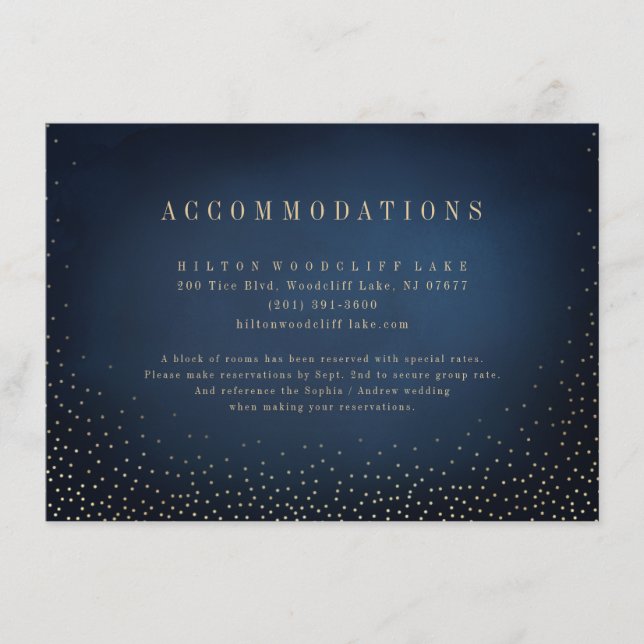 Navy & Gold Glitter Simple Wedding accommodations Enclosure Card (Front)
