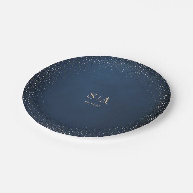 Navy & Gold Glitter Sophisticated Monogram Wedding Paper Plate (Angled)