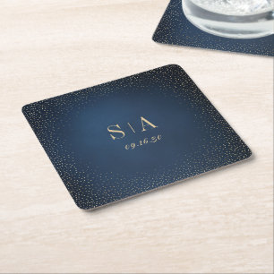 Navy & Gold Glitter Sophisticated Monogram Wedding Square Paper Coaster