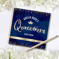 Navy Gold Glitter Tiara Quinceañera Guest Book