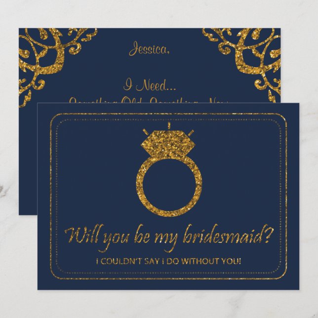 Navy & Gold Glitter | Will You Be My Bridesmaid? Invitation (Front/Back)