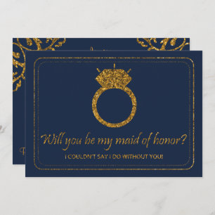 Navy & Gold Glitter Will You Be My Maid Of Honour? Invitation