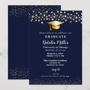 Navy Gold Grad Hat Glitter Rhinestone Graduation Invitation