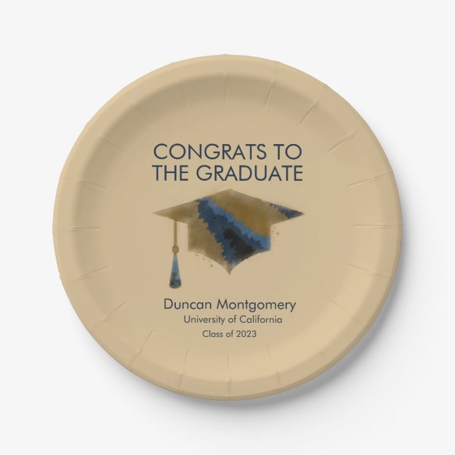 Navy Gold Graduation Cap Mortarboard  Paper Plate (Front)