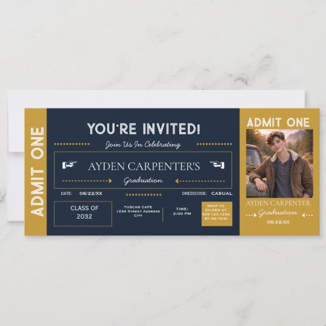 Navy & Gold Graduation Faux Ticket |  Invitation (Front)