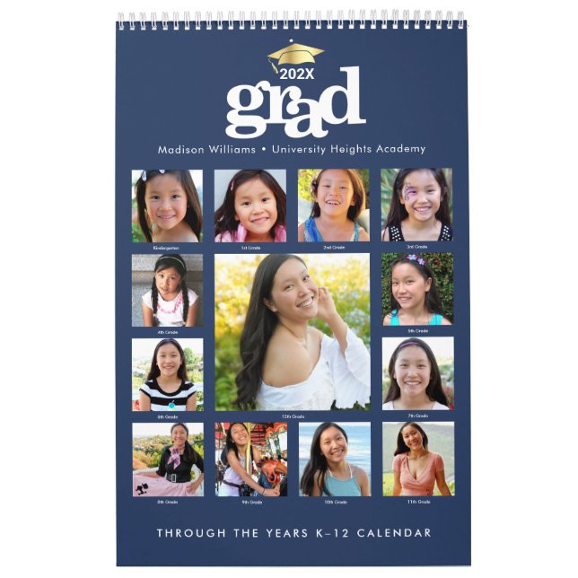 Navy Gold Graduation K–12 Photo Collage 15 Month Calendar (Cover)