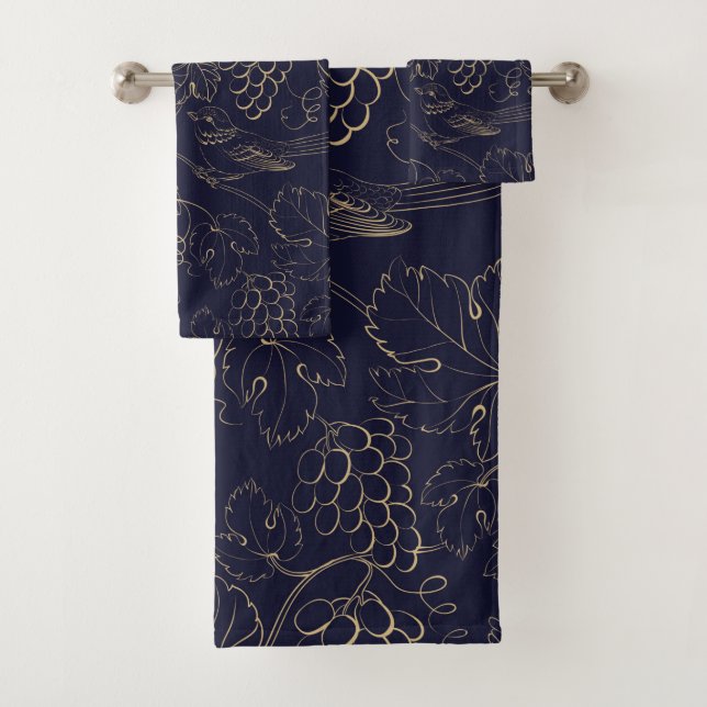 Navy & gold grape berries leaves bath towel set (Insitu)