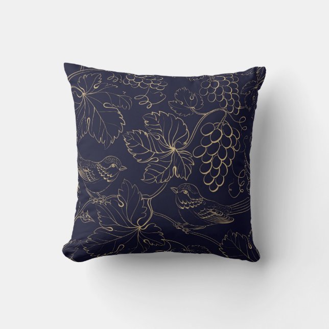 Navy & gold grape berries leaves cushion (Front)