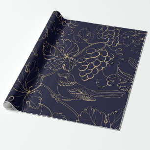 Navy & gold grape berries leaves  wrapping paper