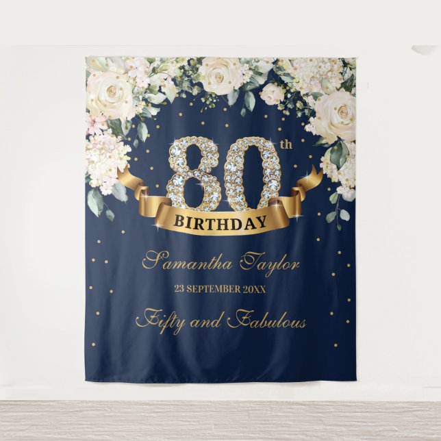 Navy Gold Greenery Floral 80th birthday backdrop Tapestry (Front)