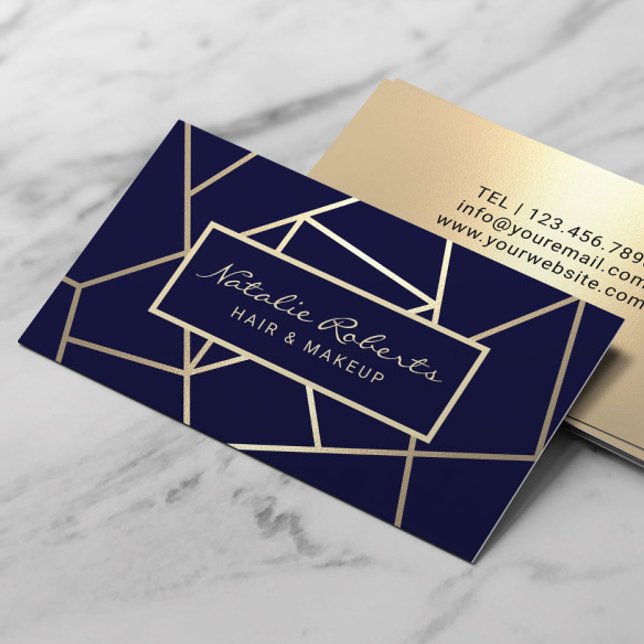Navy & Gold Hair Stylist Beauty Salon Geometric Business Card (Creator Uploaded)