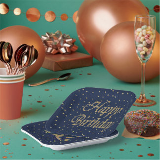 Navy Gold Happy Birthday Paper Plate