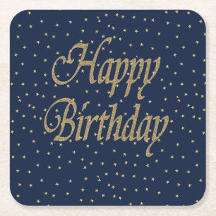 Navy Gold Happy Birthday Square Paper Coaster