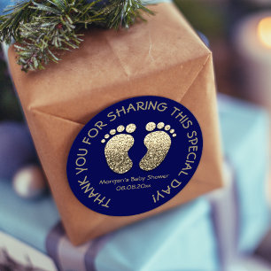 Navy Gold Heart Feet Baby Shower Favour Thank You Classic Round Sticker
