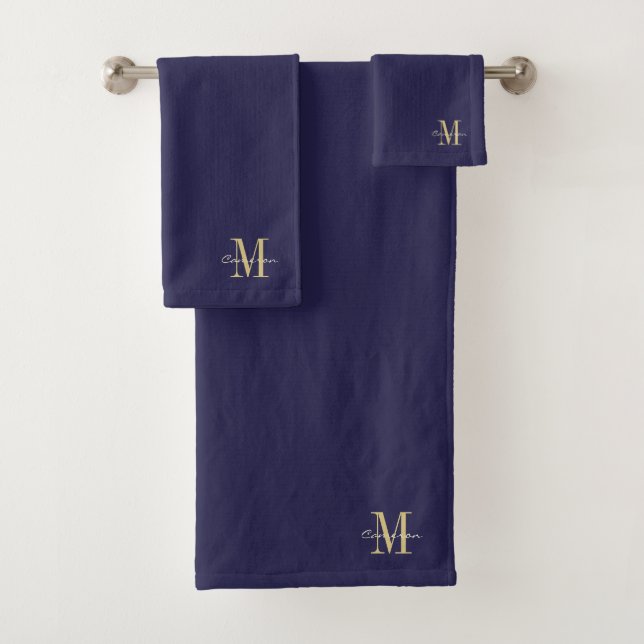  Navy Gold Initial and Name Personalised Bath Towel Set (Insitu)