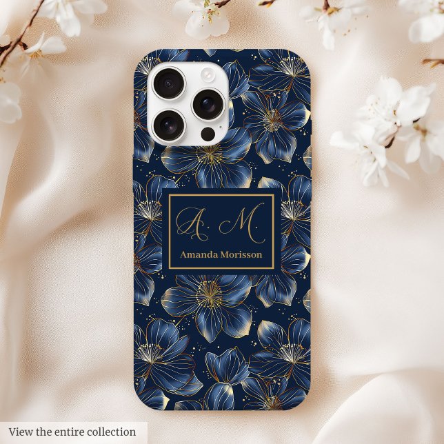 Navy Gold iPhone Case Elegant Floral Custom Name (Navy Gold iPhone Case Elegant Floral Custom Name)