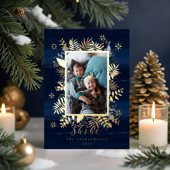 Navy & Gold Jewels Feathers & Foliage Photo Wreath Foil Holiday Card (Navy & Gold Jewels Feathers & Foliage Photo Wreath Foil Holiday Card)