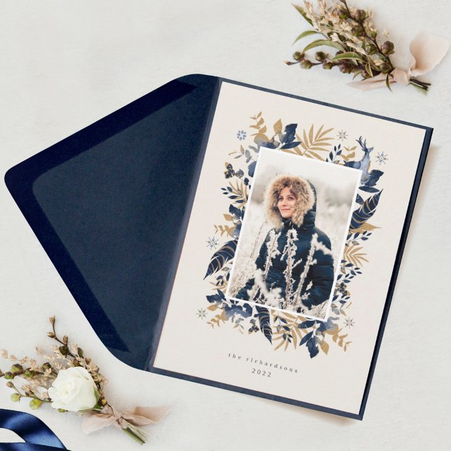 Navy & Gold Jewels Feathers & Foliage Photo Wreath Holiday Card (Creator Uploaded)