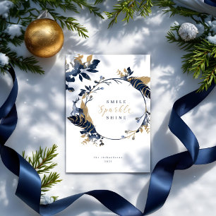 Navy & Gold Jewels Feathers & Foliage Wreath Holiday Card