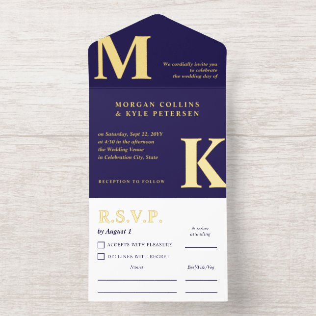 Navy & Gold Large Initials Elegant Typography All In One Invitation (Inside)