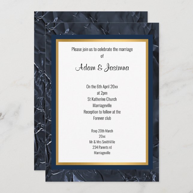 NAVY GOLD LAYERED FOIL LOOK WEDDING INVITATION (Front/Back)