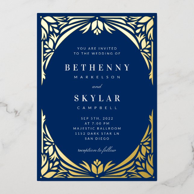 Navy Gold Leaf Gilded Age Foil Invitation (Front)