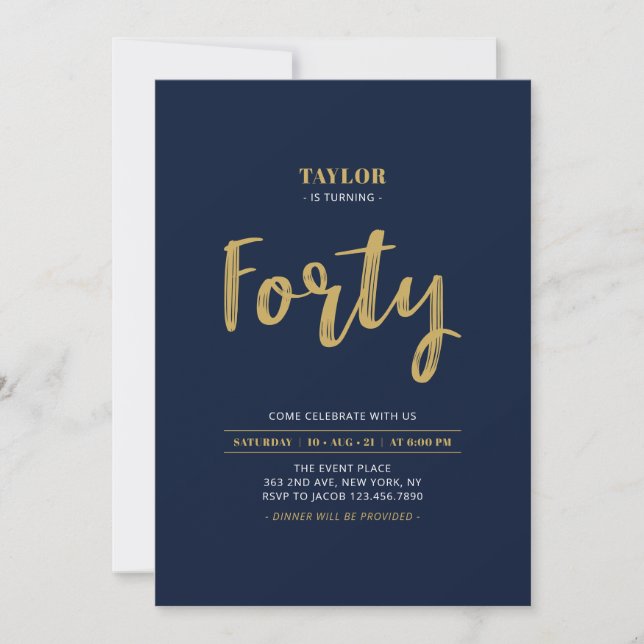 Navy & Gold Lettering Forty 40th Birthday Party Invitation (Front)