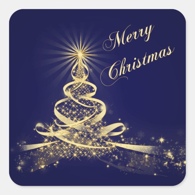 Navy, Gold  Lighted Tree Merry Christmas Sticker (Front)