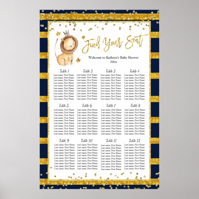 Navy Gold Lion Baby Shower Seating Chart (Front)