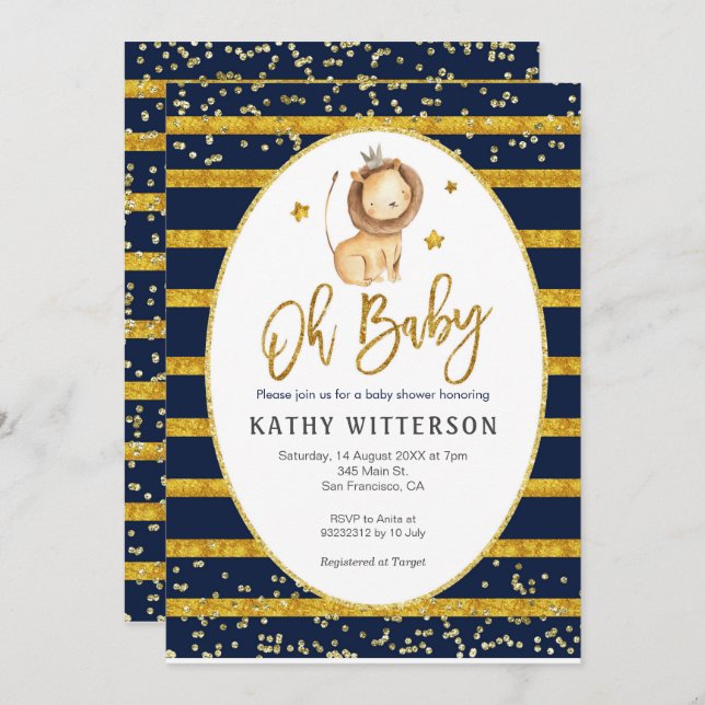 Navy Gold Lion Oh Baby Baby Shower Invitation (Front/Back)