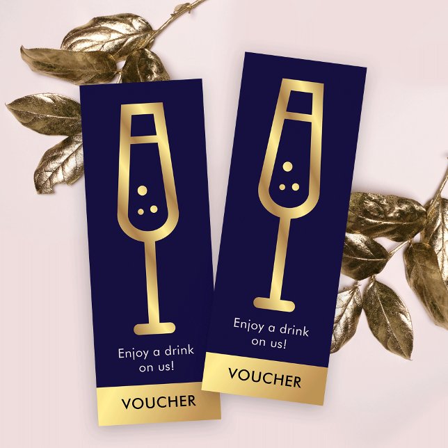 Navy & Gold Logo Elegant Event Free Drink Voucher Mini Business Card (Navy blue and gold drink voucher cards, perfect for any business or private event)