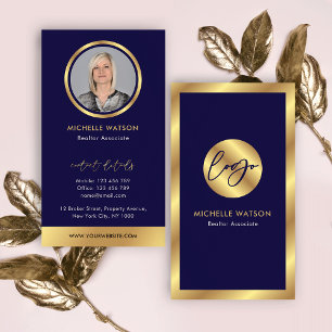 Navy & Gold Logo Elegant Notary Real Estate Photo Business Card