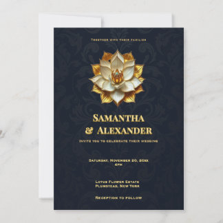 Navy Gold Lotus Wedding Invitation Elegant