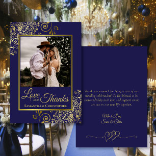 Navy & Gold Love & Thanks Photo & Note Wedding Thank You Card