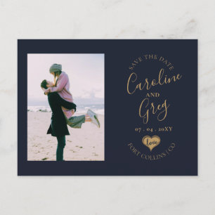 Navy Gold Love Typography Photo Save the Date Announcement Postcard