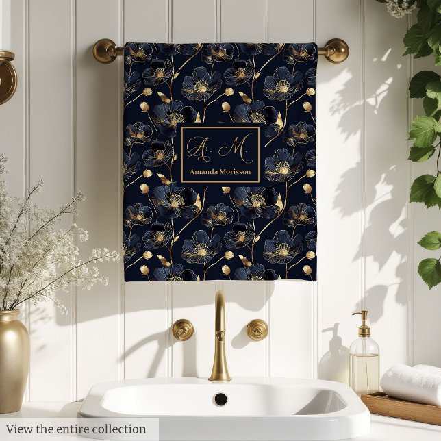 Navy Gold Lux Towels Custom Name Floral Accent (Navy Gold Lux Towels Custom Name Floral Accent)