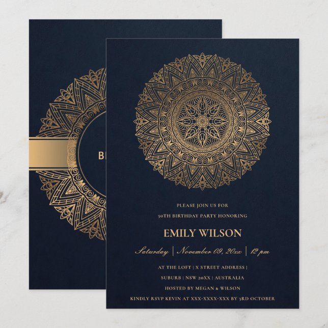 NAVY GOLD MANDALA ANY YEAR 50TH BIRTHDAY PARTY INVITATION (Front/Back)