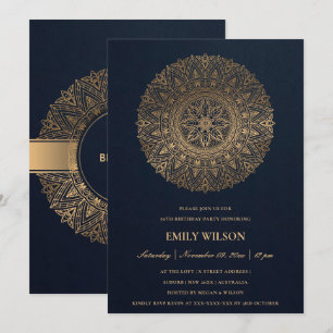 NAVY GOLD MANDALA ANY YEAR 50TH BIRTHDAY PARTY INVITATION