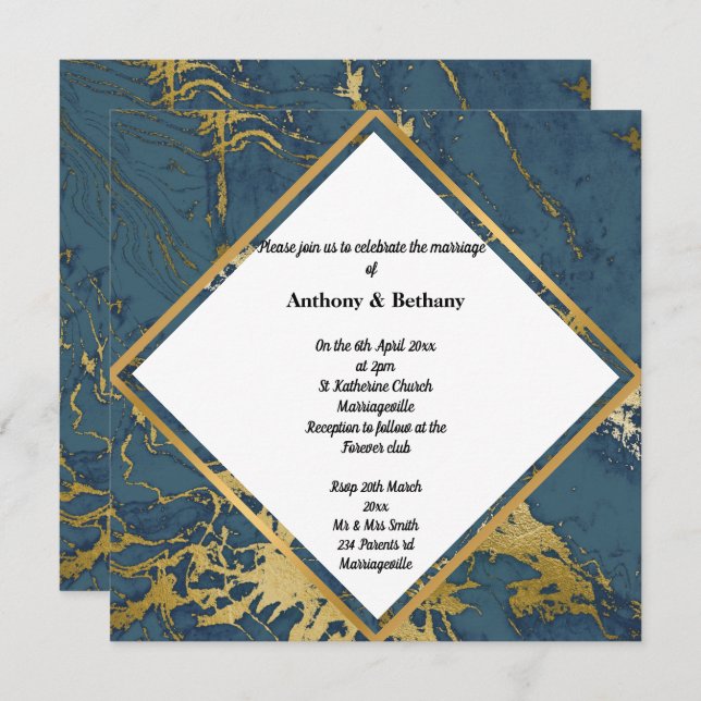 Navy Gold Marble Inspired Abstract Gold 2 Wedding  Invitation (Front/Back)