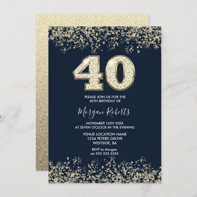 Navy & Gold Mens Womans 40th Birthday Party Invitation (Front/Back)