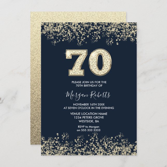 Navy & Gold Mens Womans 70th Birthday Party Invitation (Front/Back)