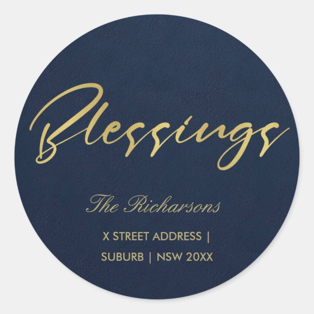 NAVY GOLD MINIMAL CALLIGRAPHY BLESSINGS ADDRESS CLASSIC ROUND STICKER (Front)