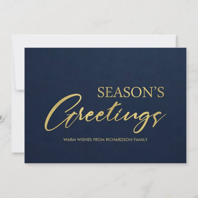 NAVY GOLD MINIMAL CALLIGRAPHY SEASONS GREETINGS HOLIDAY CARD (Front)