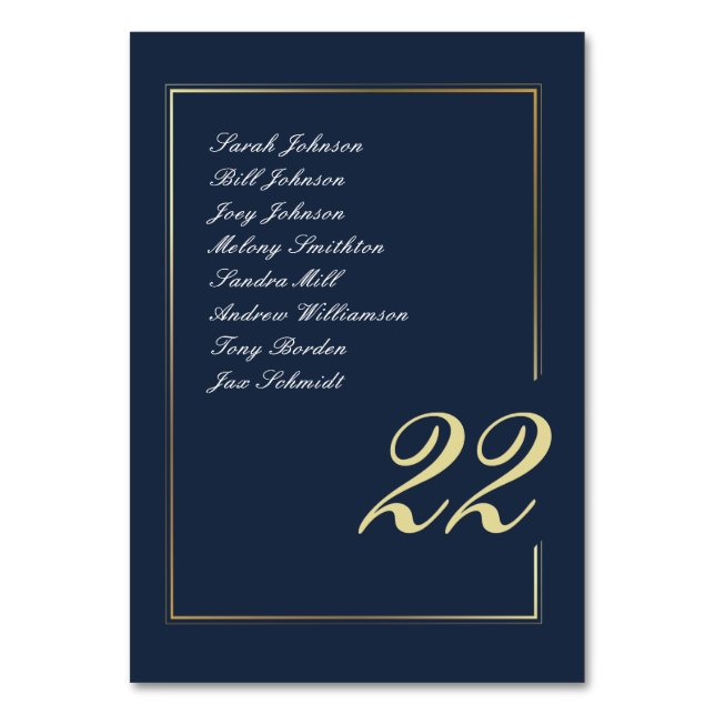 Navy Gold Minimal Script Calligraphy Wedding Table Number (Front)