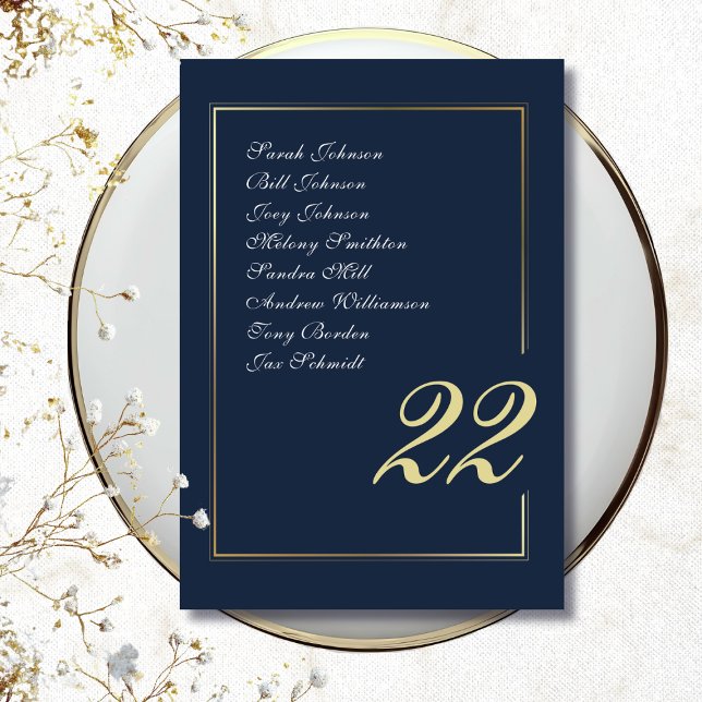 Navy Gold Minimal Script Calligraphy Wedding Table Number (Creator Uploaded)