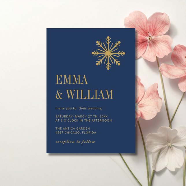 Navy & Gold Minimal Snowflake Calligraphy Wedding Invitation (Creator Uploaded)