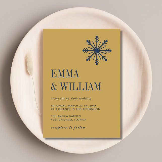 Navy & Gold Minimal Snowflake Calligraphy Wedding Invitation (Creator Uploaded)