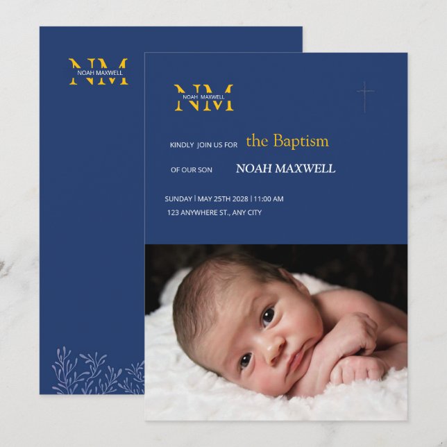 Navy Gold Minimalist Typography Delicate Baptism Invitation (Front/Back)